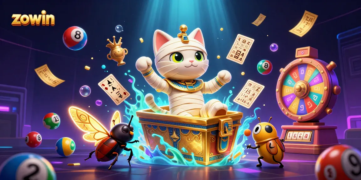 Zowin features an Egyptian mummy cat in a whimsical casino scene, bursting with colorful lottery elements.