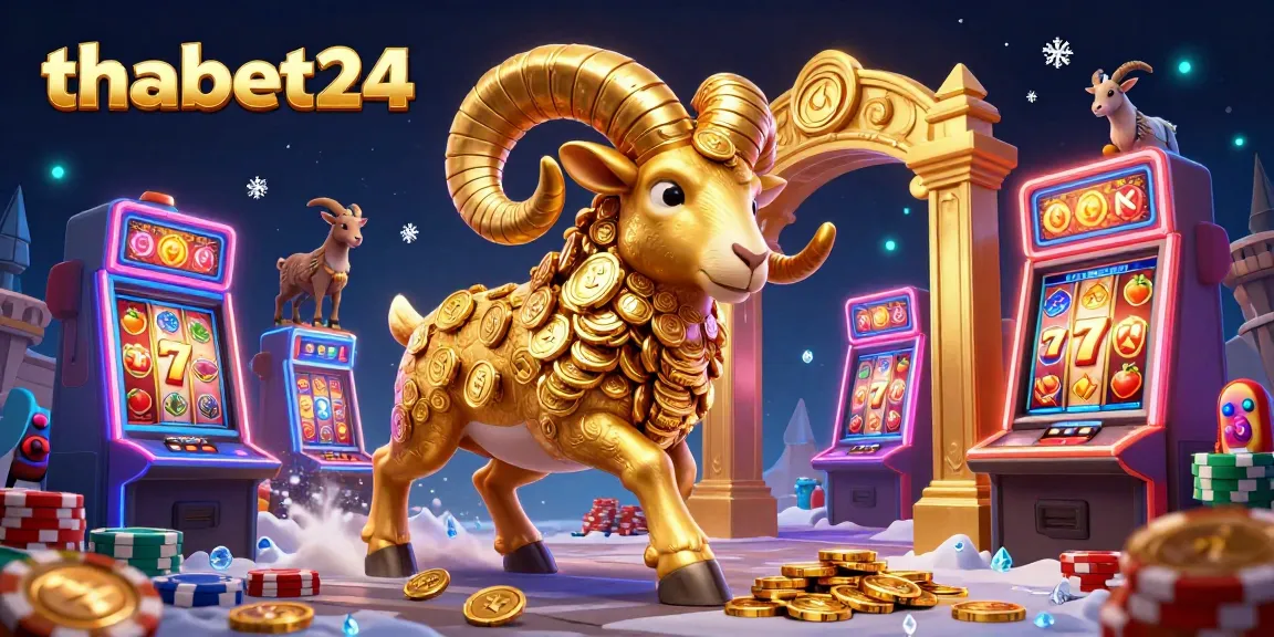 Spin the reels at thabet24 with a golden ram charging through a vibrant casino scene filled with slot machines.