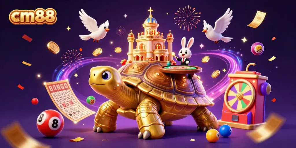 Experience the vibrant excitement of cm88's casino world with a golden tortoise and lively game elements.