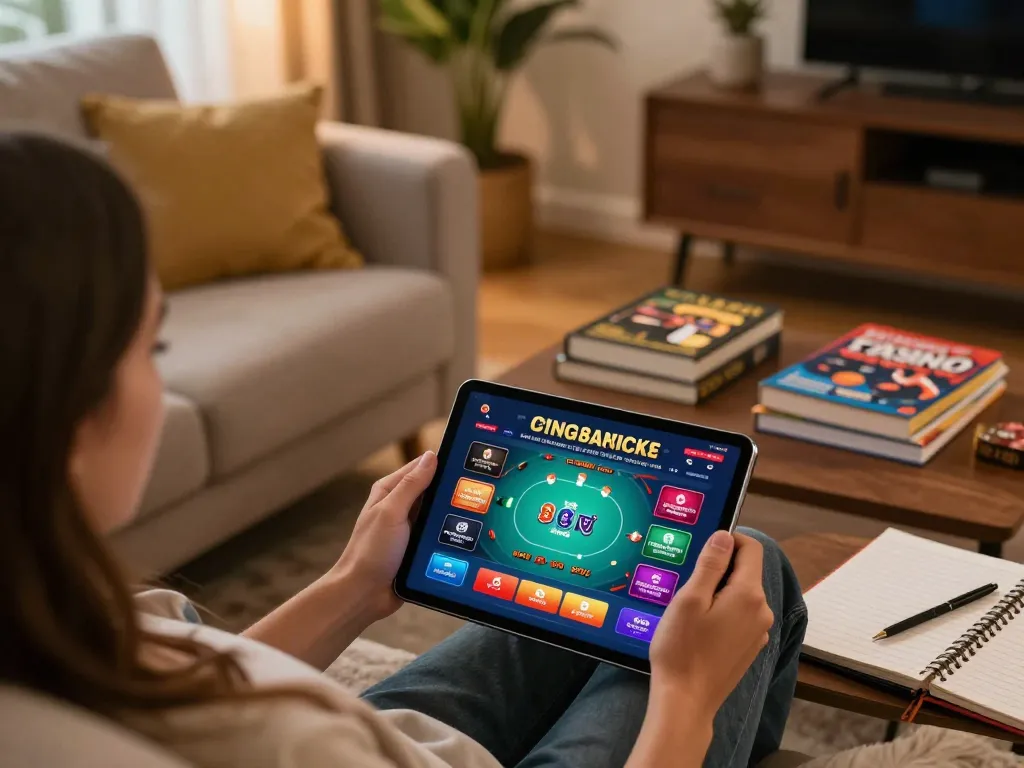 Player engaging in online gaming on the go8 app with cozy atmosphere and strategic setup.