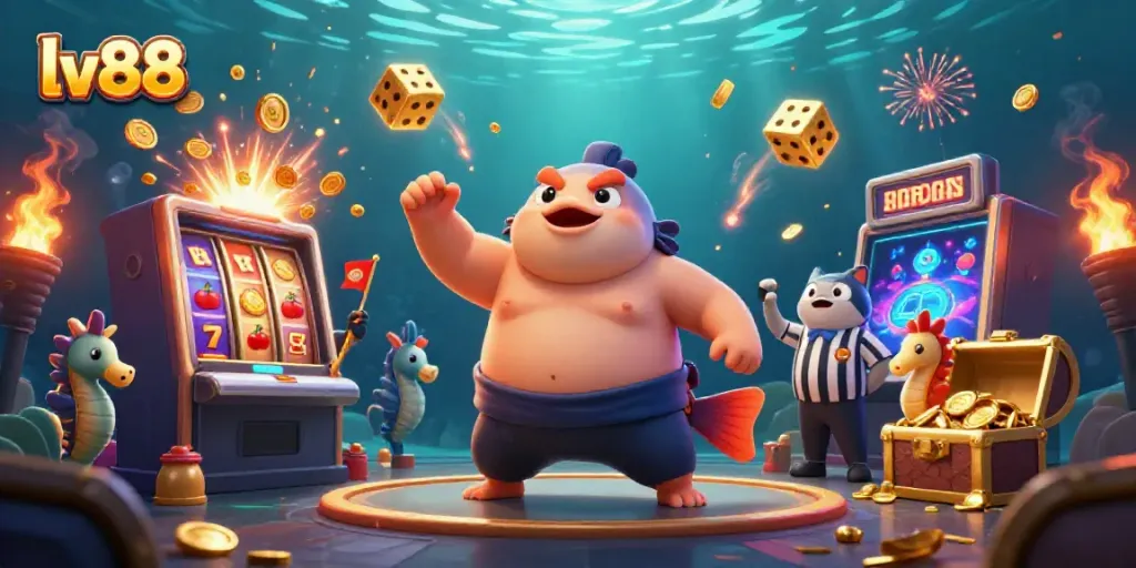 Experience the thrill of lv88 with a vibrant underwater casino scene featuring a fugu blowfish and slot machine.
