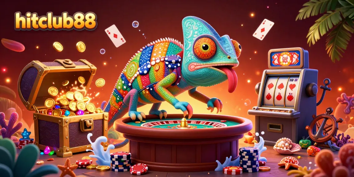 Spin to win with hitclub88 in this vibrant 3D casino illustration featuring a playful chameleon.