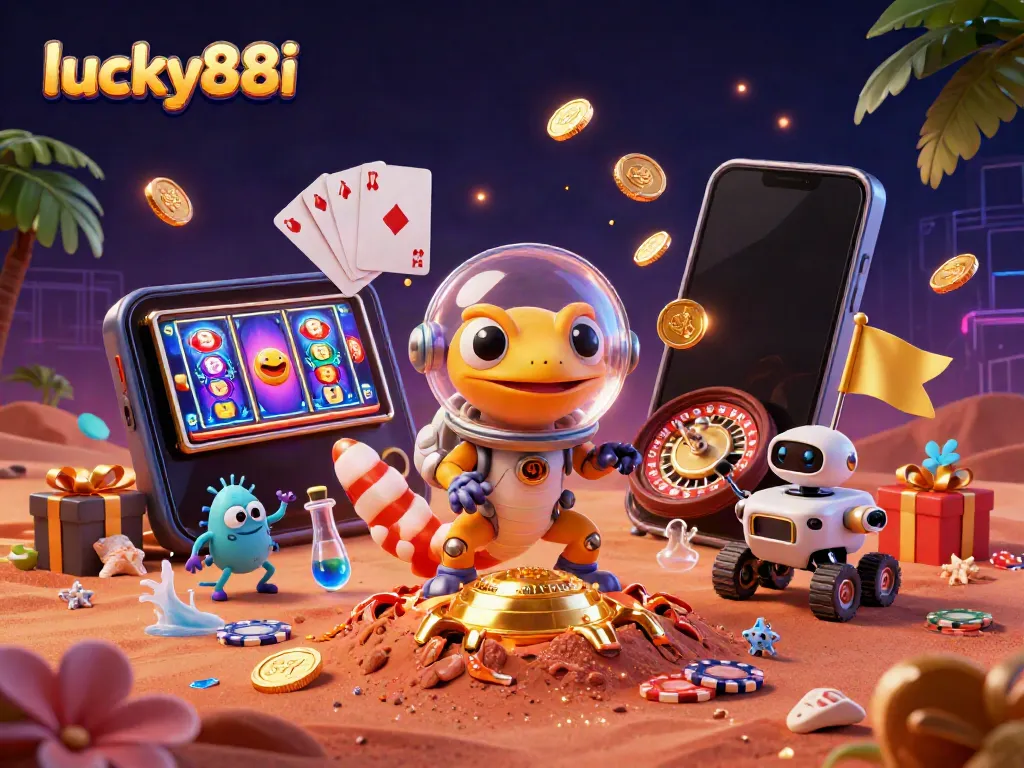 Engage with exciting lucky88i slot games through this vibrant 3D casino scene.
