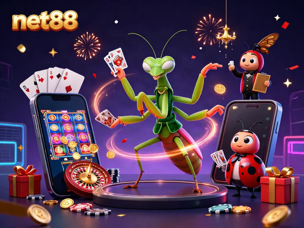 Engaging scene with net88 characters, showcasing vibrant casino activities and exciting gaming moments.