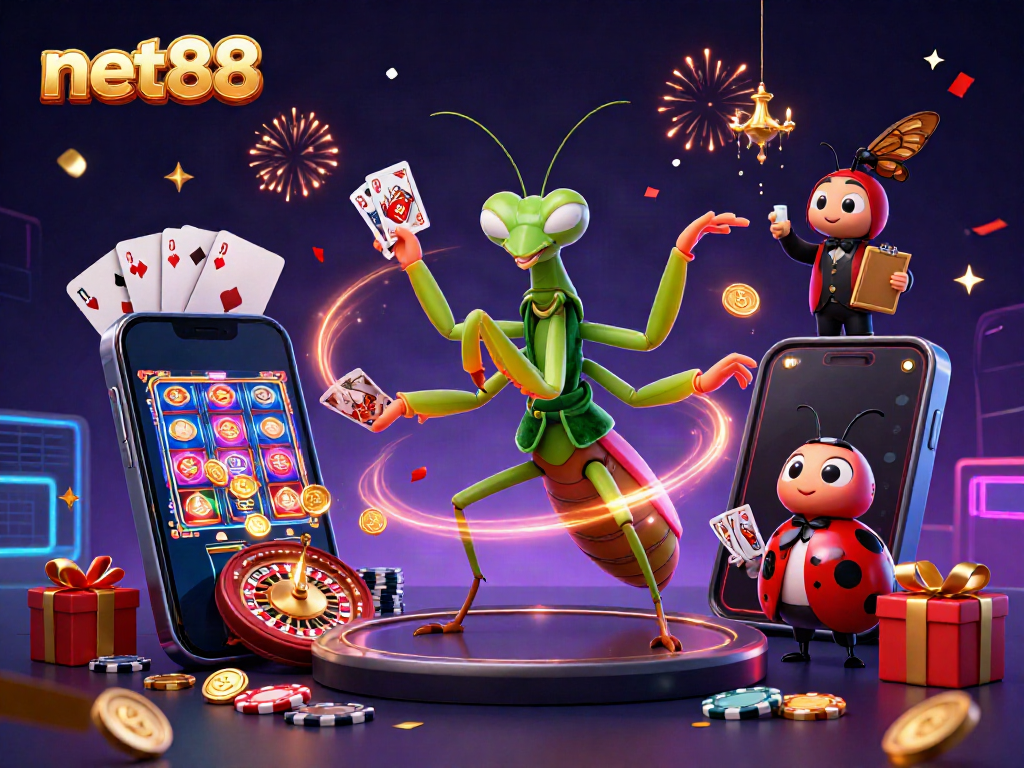 Engaging scene with net88 characters, showcasing vibrant casino activities and exciting gaming moments.