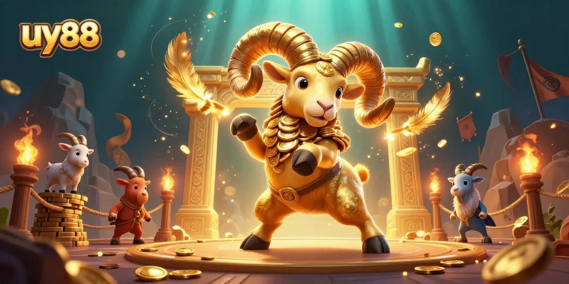 Experience the excitement of uy88 with epic gambling scenes featuring a golden ram and dynamic casino elements.