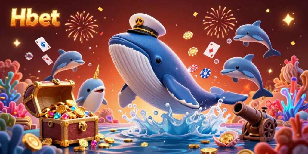 Experience lively gambling action with Hbet's cartoon whale captain amid a treasure-filled backdrop.