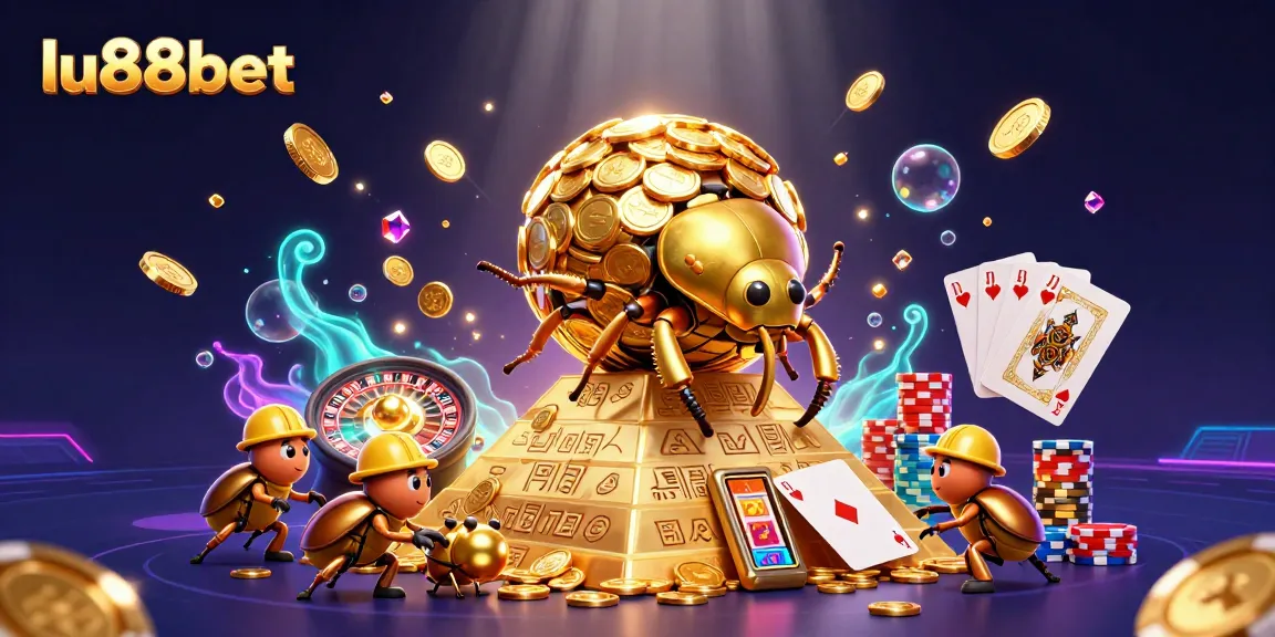 Experience the thrill of lu88bet with a scene of golden beetles and casino symbols.