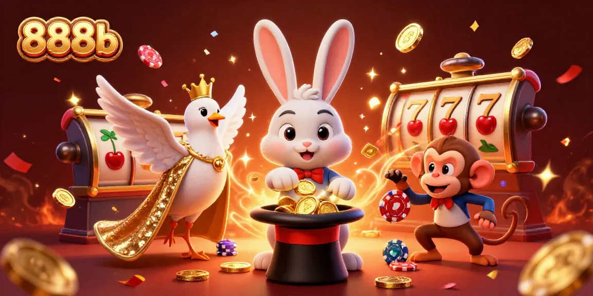 Experience the excitement of 888b with a magician pulling coins, joyful characters, and vibrant casino elements.