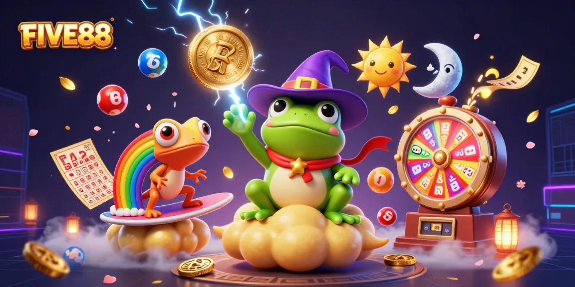 Engage with FIVE88's exciting lottery experience, featuring colorful lottery balls and dynamic gaming elements.