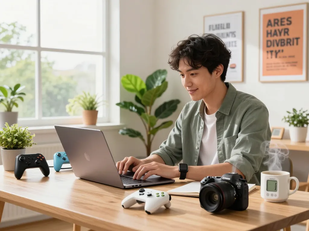 Affordable tech gadgets displayed in a bright home office, showcasing Bluetooth controllers, smartwatches, and a digital thermometer, creating an inviting workspace.