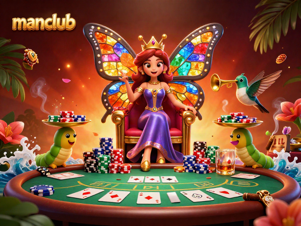 Experience the excitement of manclub with this vibrant casino scene featuring a butterfly queen and poker elements