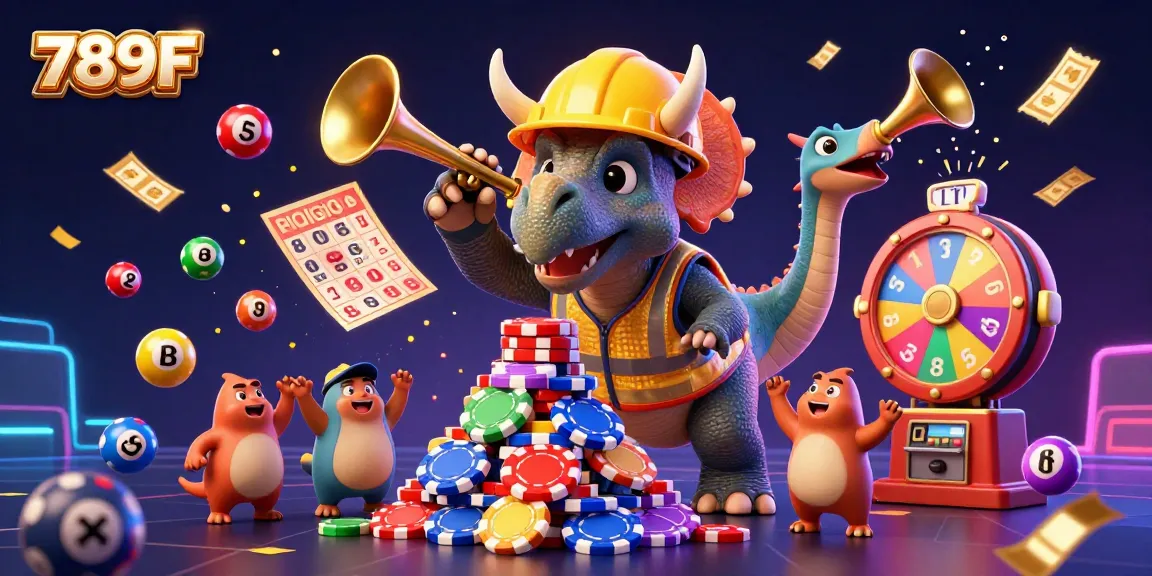 Engage with 789F's vibrant casino atmosphere featuring cheerful 3D characters celebrating amidst exciting gaming elements.