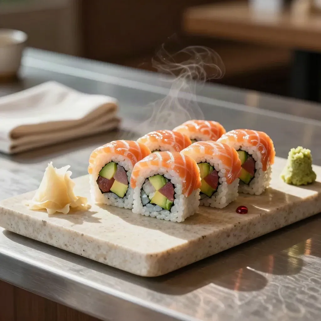 Maki rolls with salmon, tuna, avocado and cucumber on stone with ginger and wasabi.