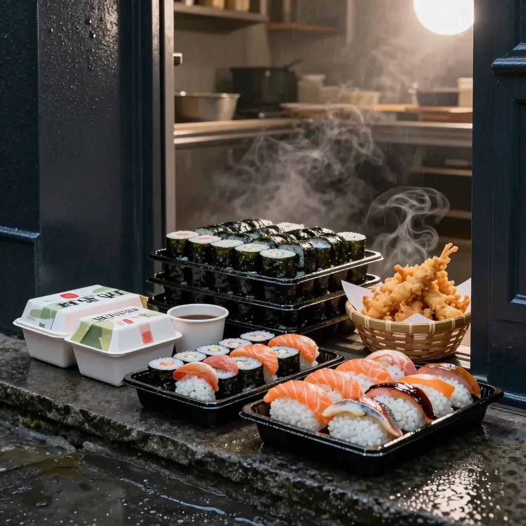 Moody sushi delivery pass with trays, sashimi boxes, and tempura baskets beside a rainy back door.