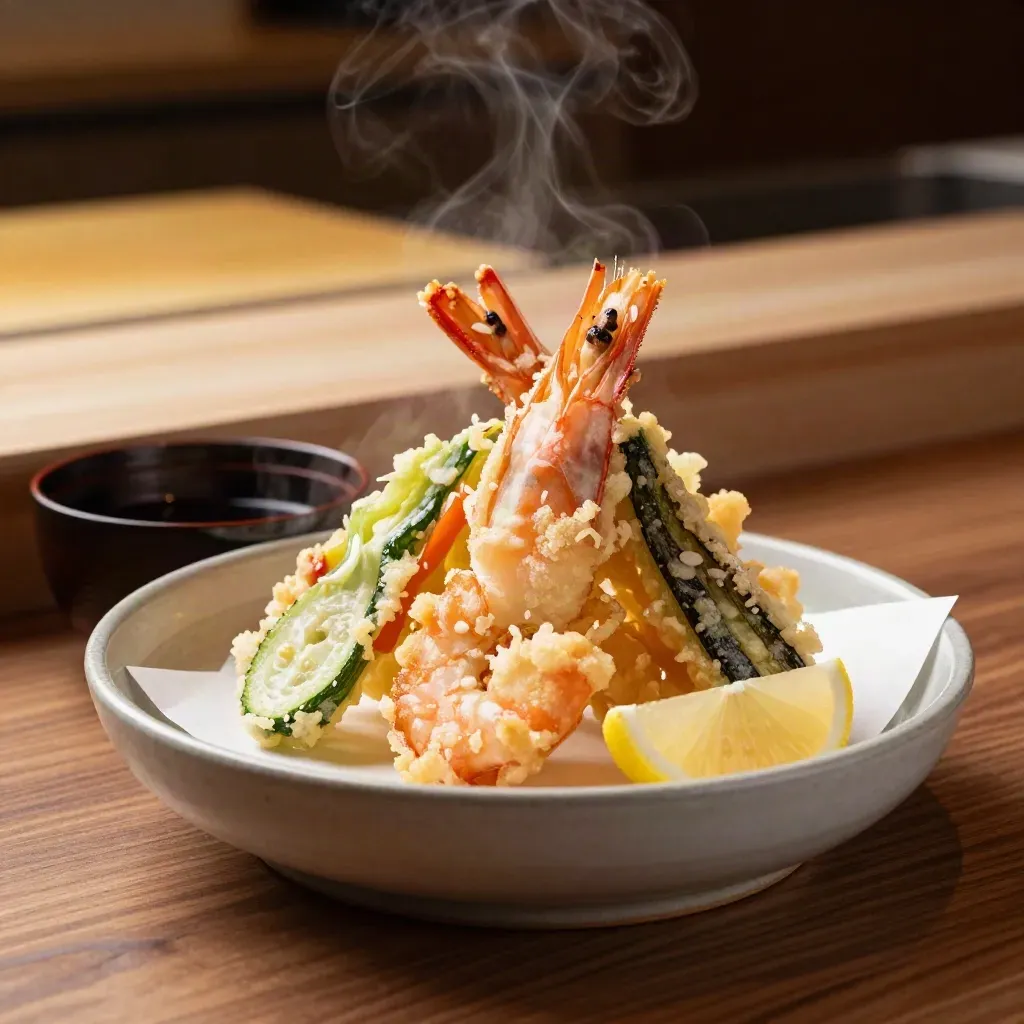 Tempura prawns and vegetables in a ceramic basket with dipping sauce and lemon.
