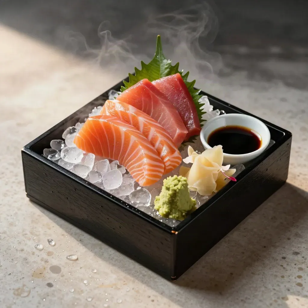 Top-down sashimi box on crushed ice with shiso, wasabi, soy and ginger.