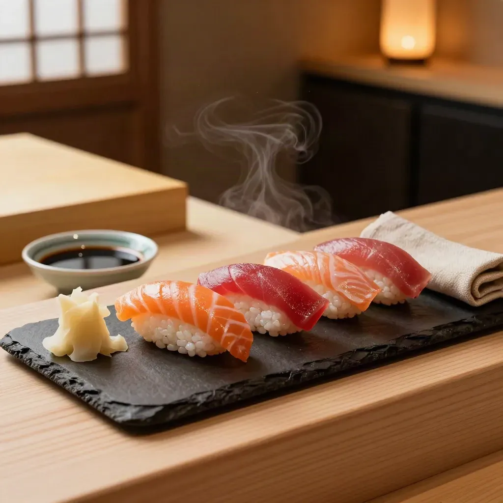 Mixed salmon and tuna nigiri platter with soy dish, ginger, and linen on a warm oak counter.