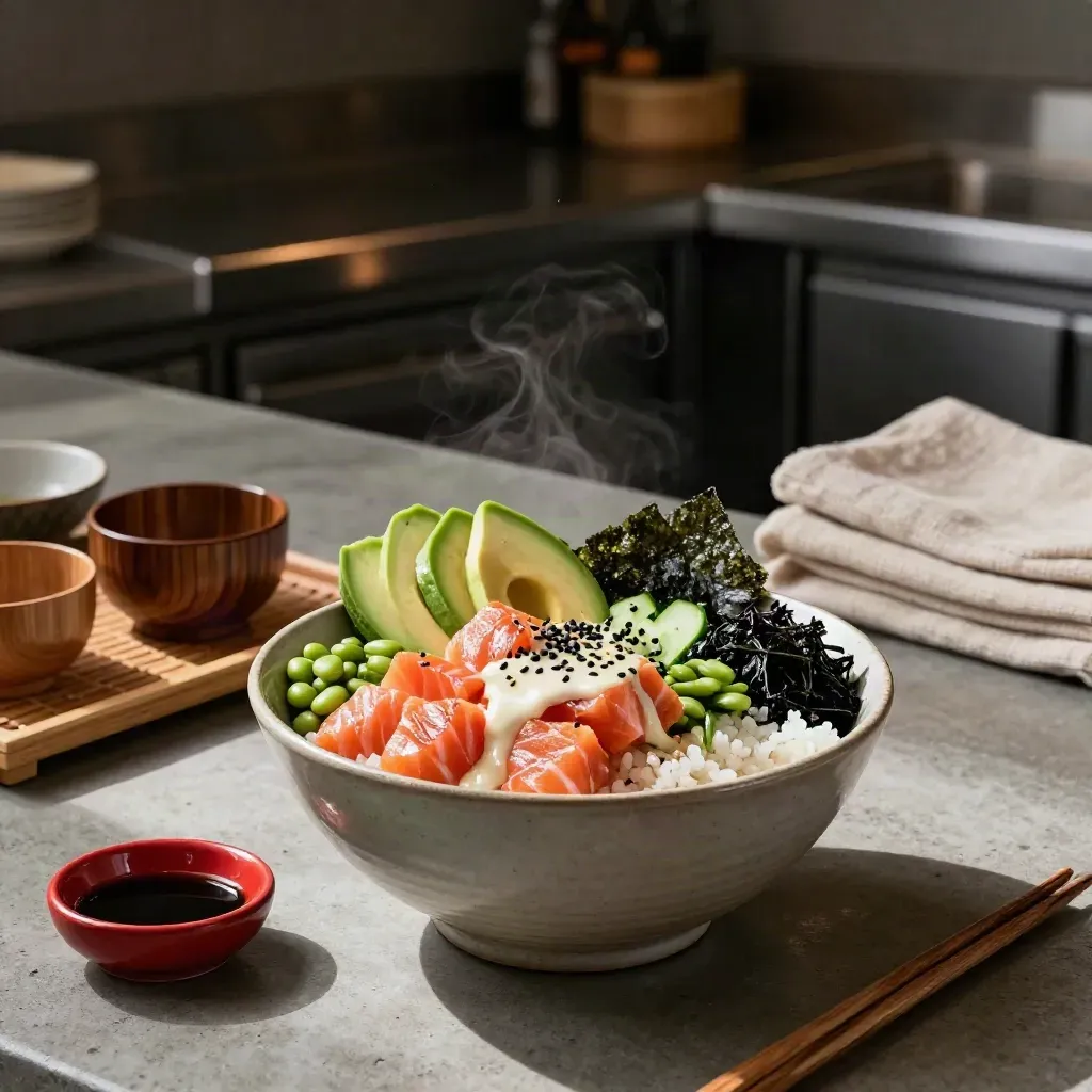 Salmon poke bowl in a moody sushi kitchen with avocado, edamame, and sesame dressing