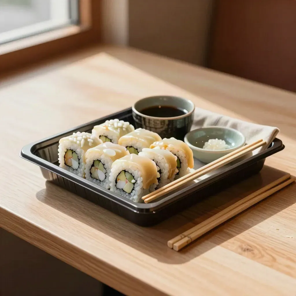 Lunch set tray with sushi rolls, nigiri and dip beside chopsticks on a terracotta café table