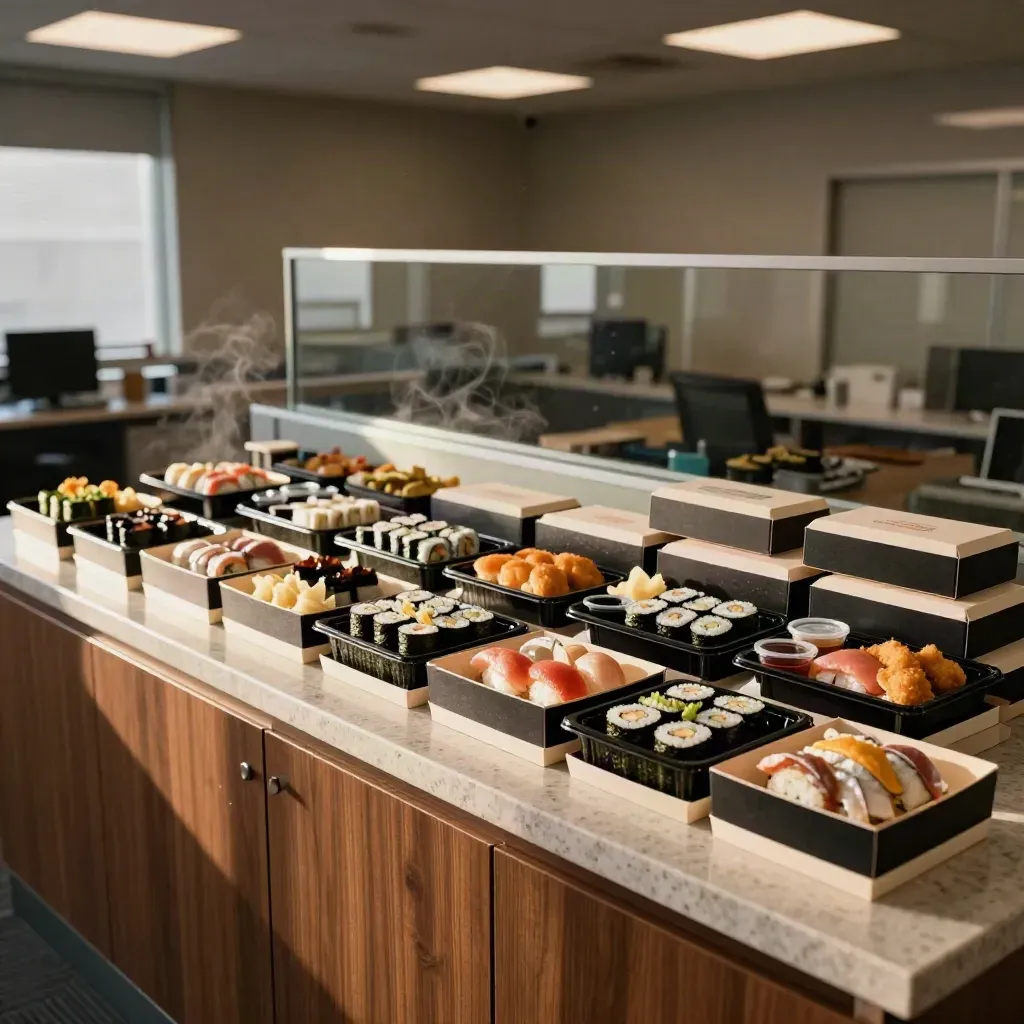 Forty-eight sushi lunch boxes and separate tempura trays lined on a finance office sideboard.