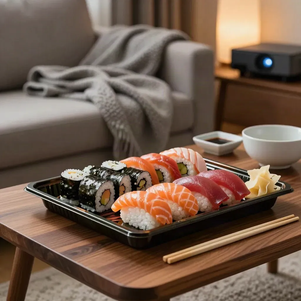 Sushi tray on a coffee table with blankets and soft projector glow in a warm living room.