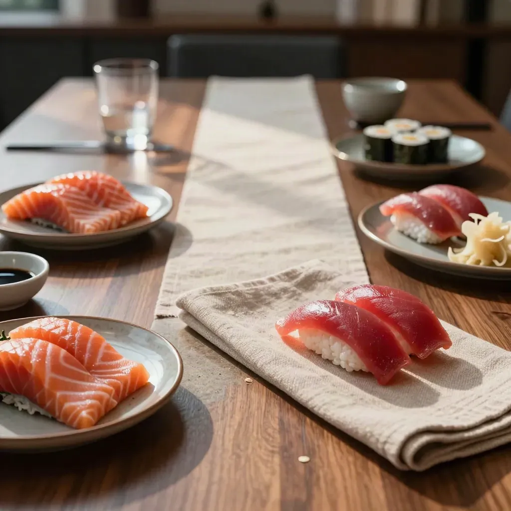 Salmon and tuna sushi platters on a polished boardroom table with tumblers and linen runner.