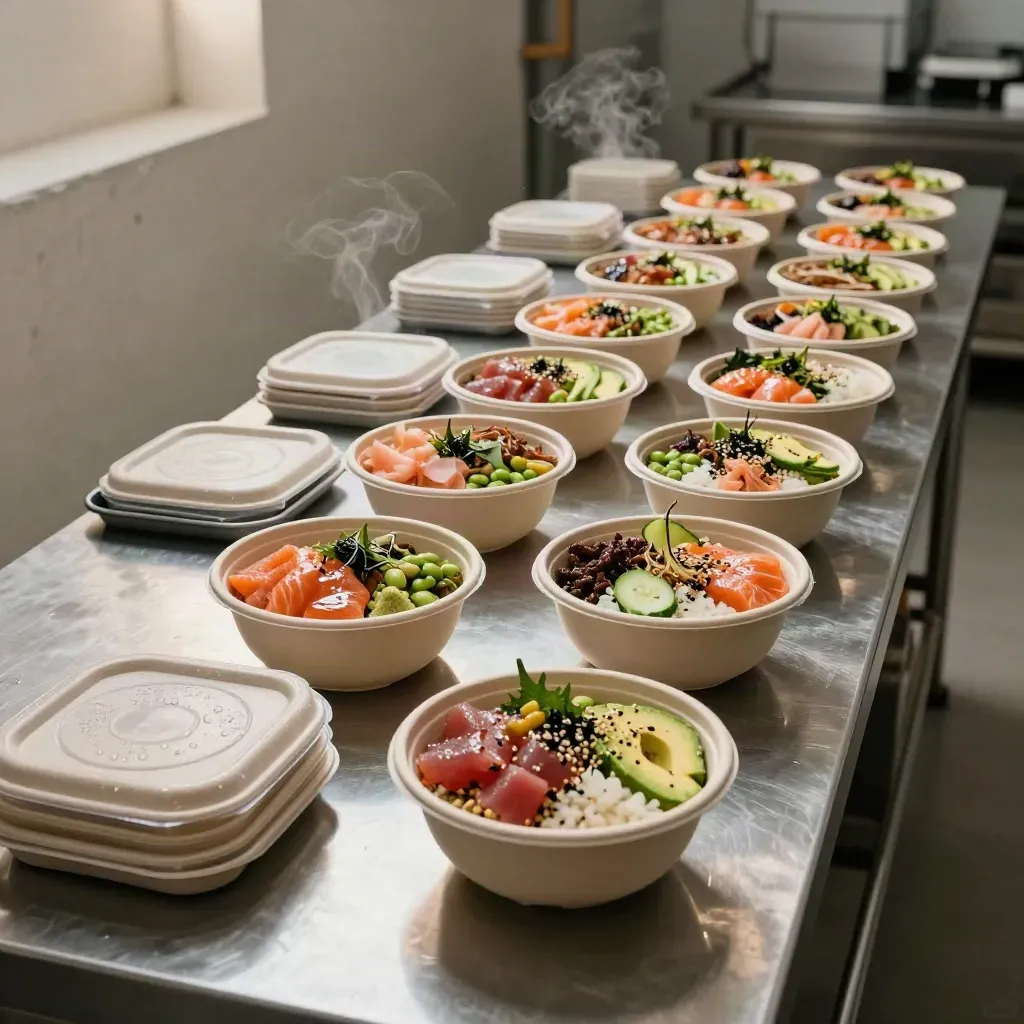 Low-angle line of poke bowls and lunch sets on a steel catering counter with steam and chill.
