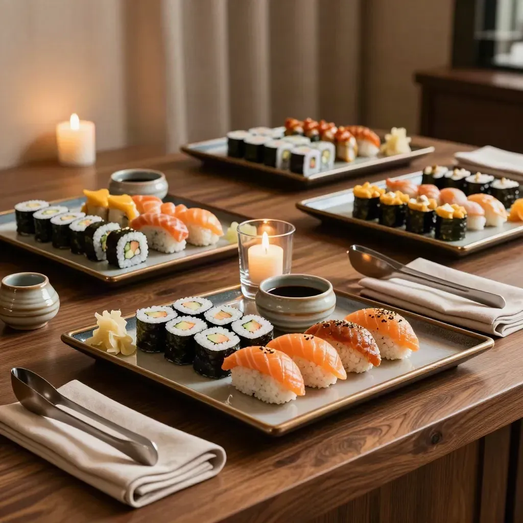 Sushi trays, sauce caddies and candlelight on a wedding reception service table