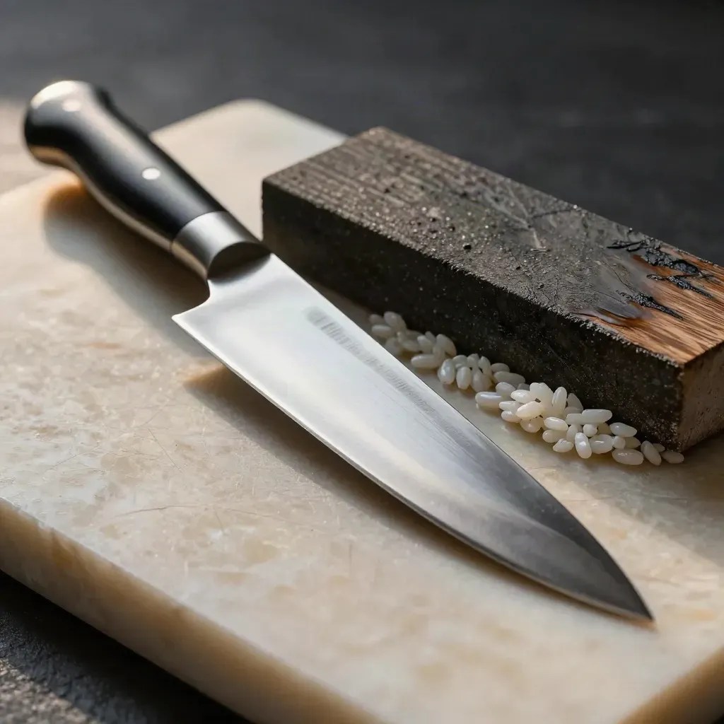 Yanagiba and deba knives beside a whetstone on a worn prep block, lit in a dramatic macro close-up.