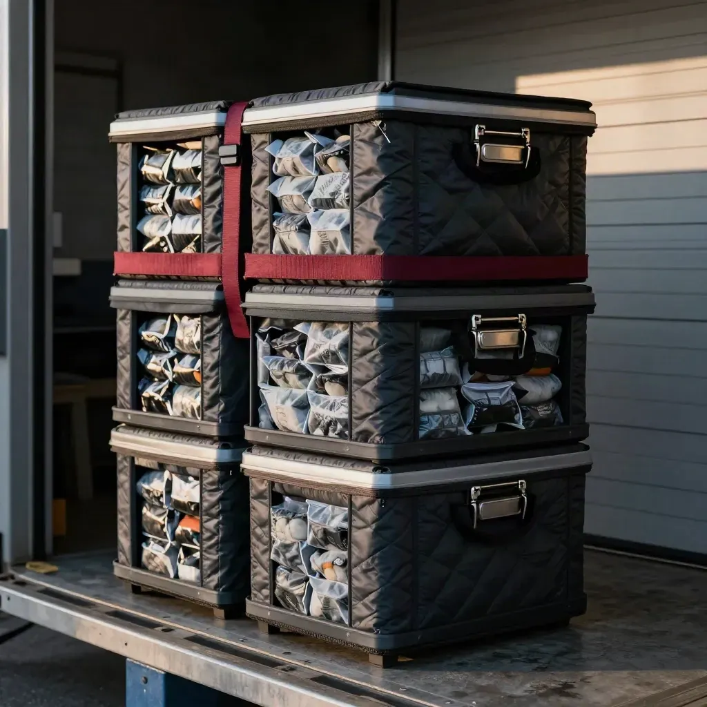 Stacked catering crates, thermal carrier and gel packs in a hazy loading bay, shot low and dramatic.