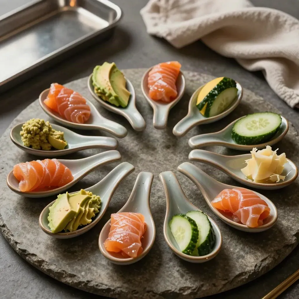 Overhead ring of ceramic tasting spoons with sushi samples on a prep counter