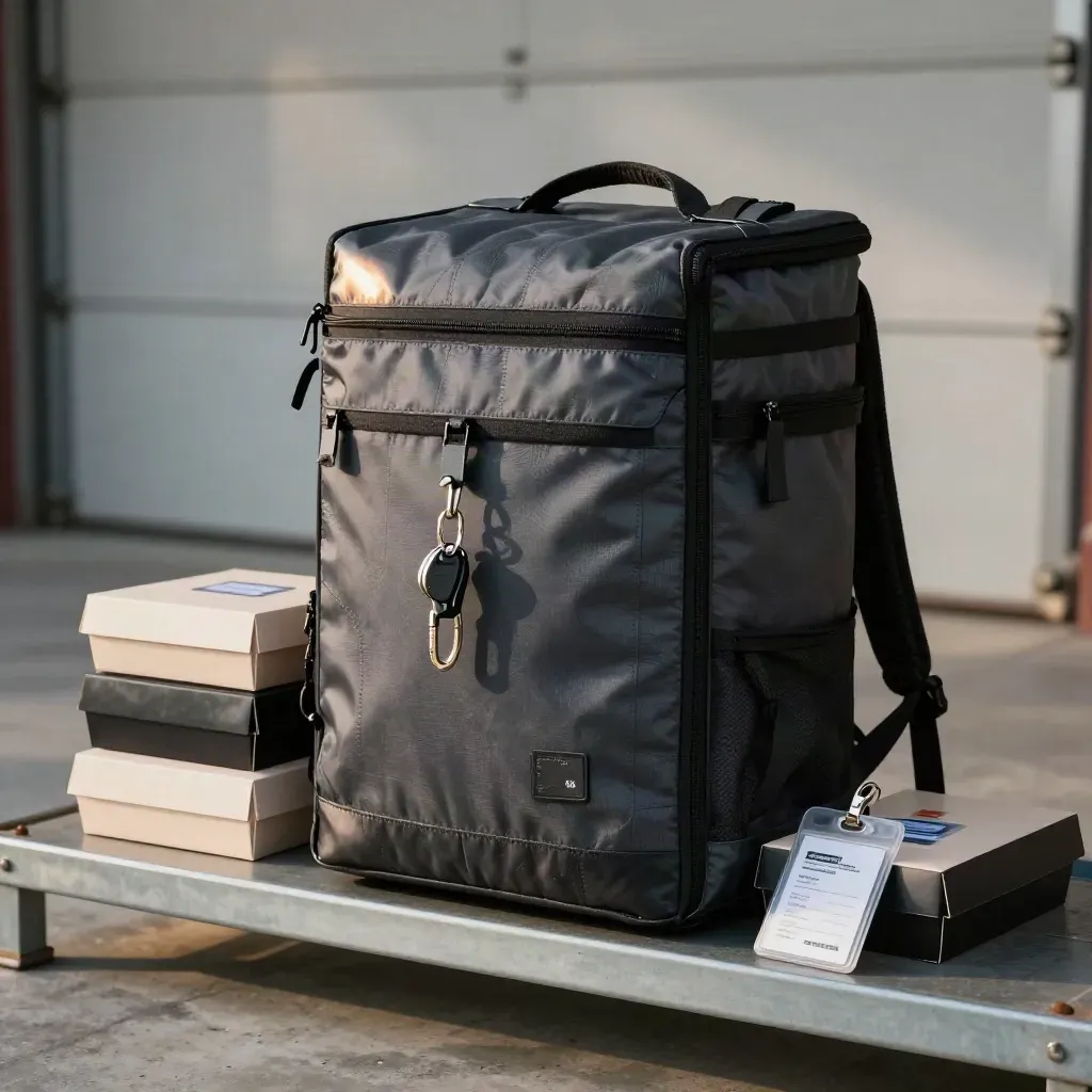 Black delivery backpack, sushi boxes and a route key ring on a dispatch shelf in soft garage mist.