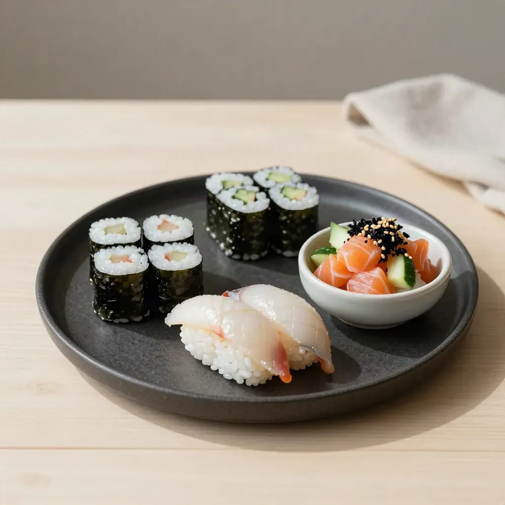 Top-down sushi selection on pale wood: maki, nigiri and poke ingredients on a matte tray