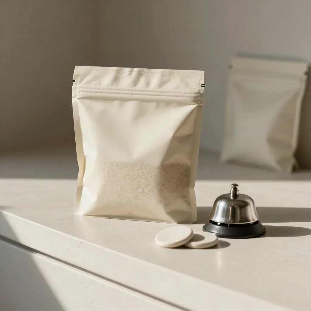 Pickup pouch, bell, and ceramic tokens on a clean counter in soft daylight.