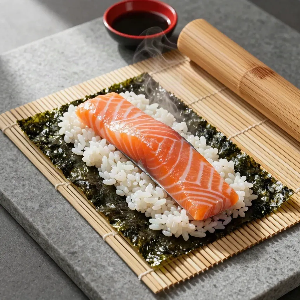 Overhead sushi prep flatlay with nori, rice, salmon and bamboo mat on limestone