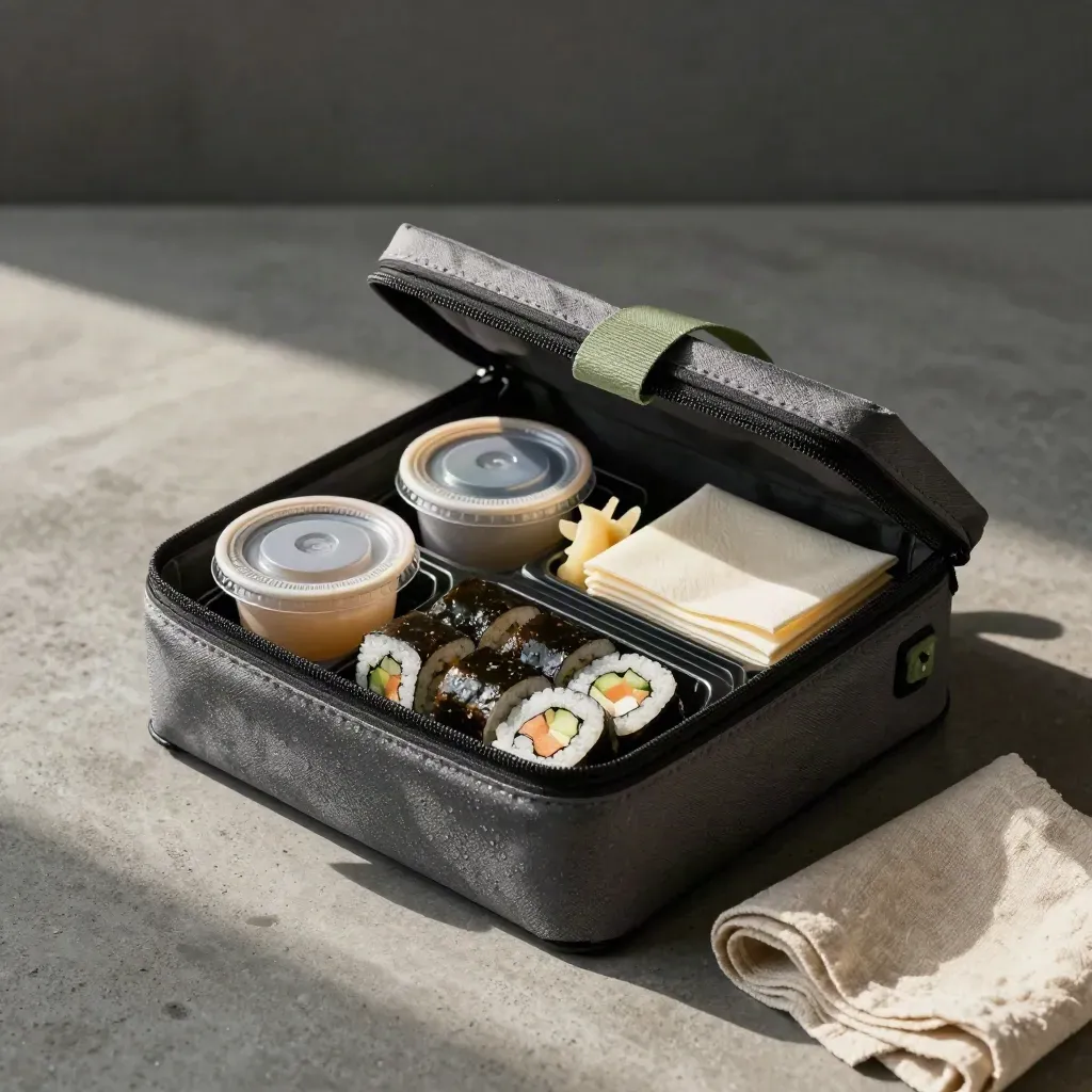Sealed sushi takeaway tray in a thermal carrier with soy cups, ginger and napkins.