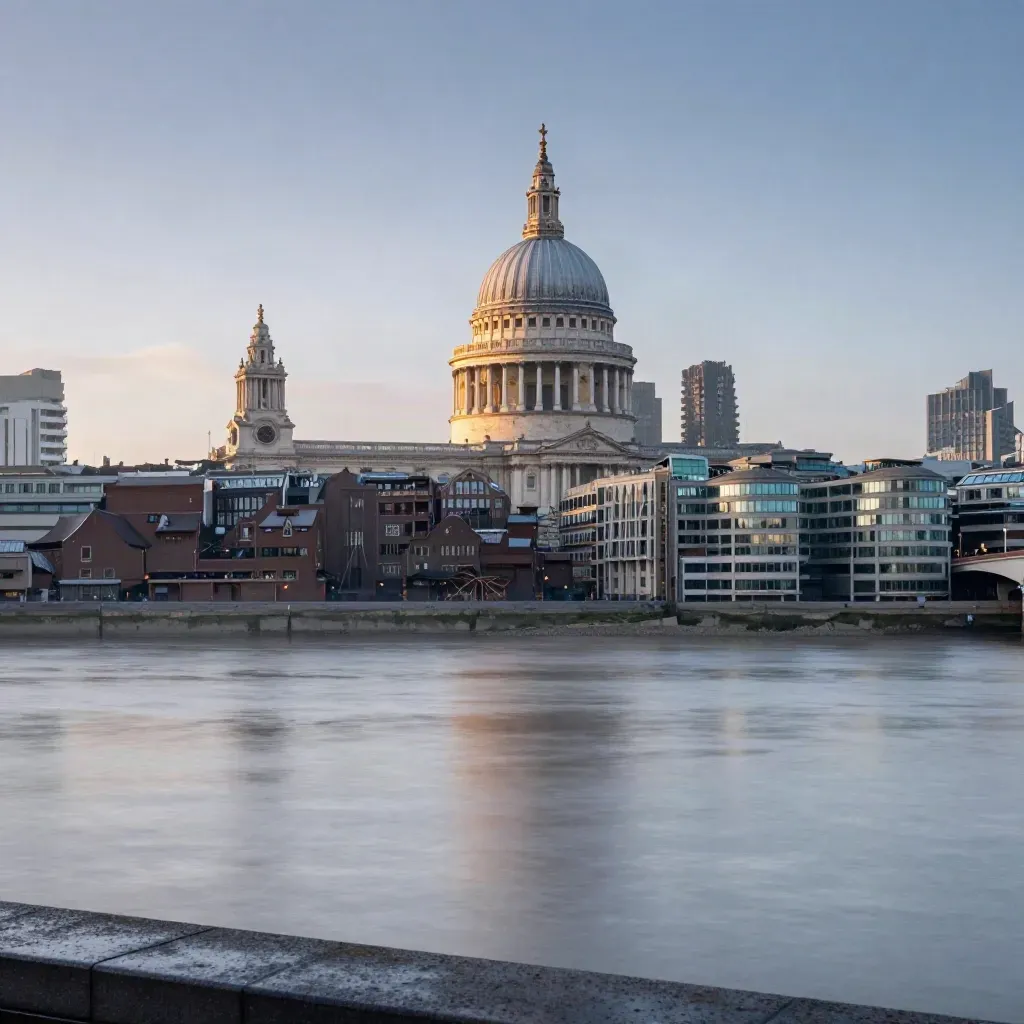 City of London skyline with St Paul’s dome above a misty Thames at dusk