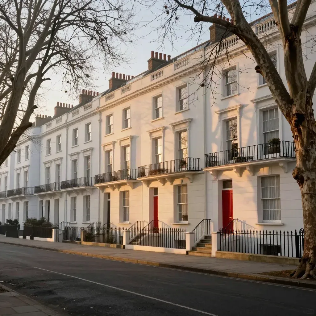 West London terraces and plane trees in golden mist over a quiet Kensington street.