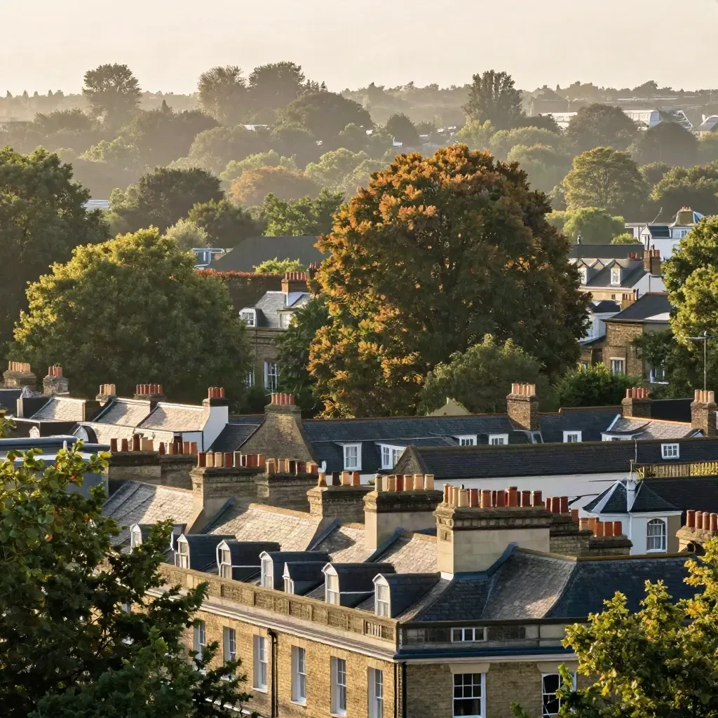 Amber-lit South London treetops and Victorian rooftops above a hazy green landscape.