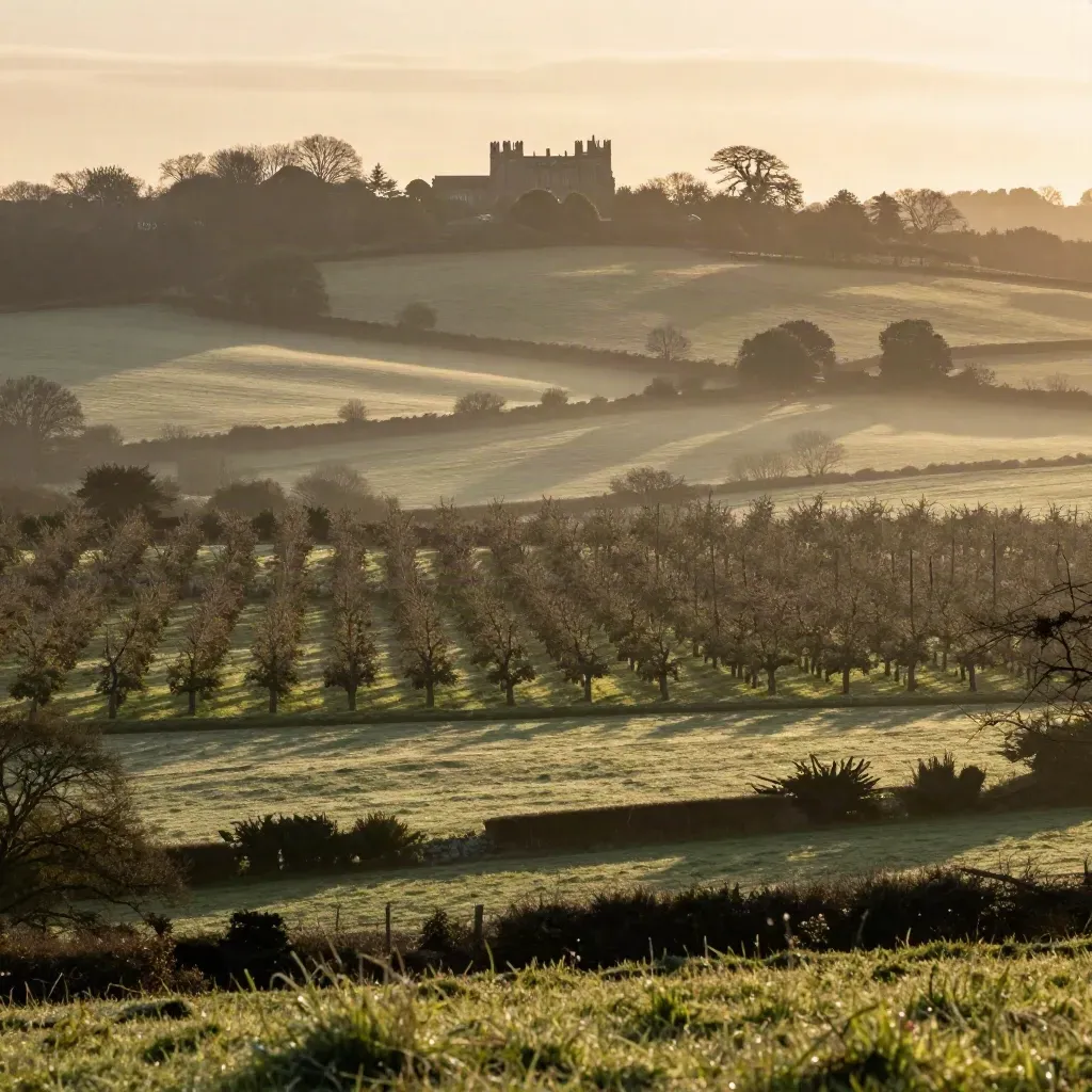 Hazy Surrey orchard hills with hedgerows and a distant manor over calm green fields.