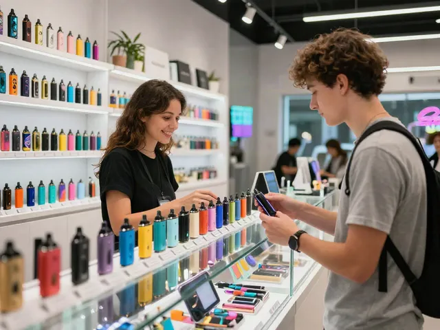 What age can you buy a vape in the UK? A vibrant vape shop scene illustrating customer interactions and product selection.
