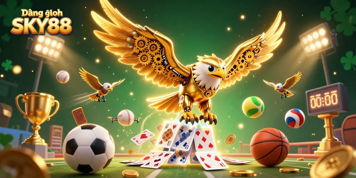 Bet on Đăng nhập SKY88 with a dynamic scene of a golden eagle diving through holographic cards.