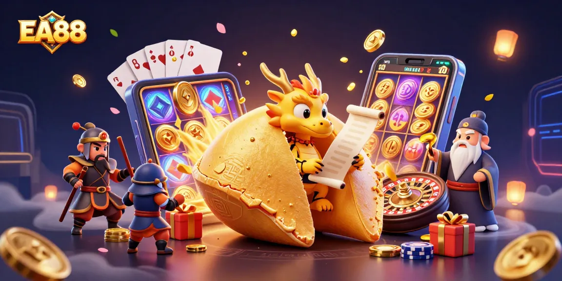 Join the excitement of EA88 with a dynamic 3D illustration of casino adventures featuring slot games and a wise dragon.