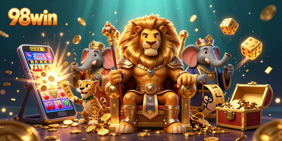Experience fun and excitement at 98win with lively gaming characters surrounded by slots and treasures.