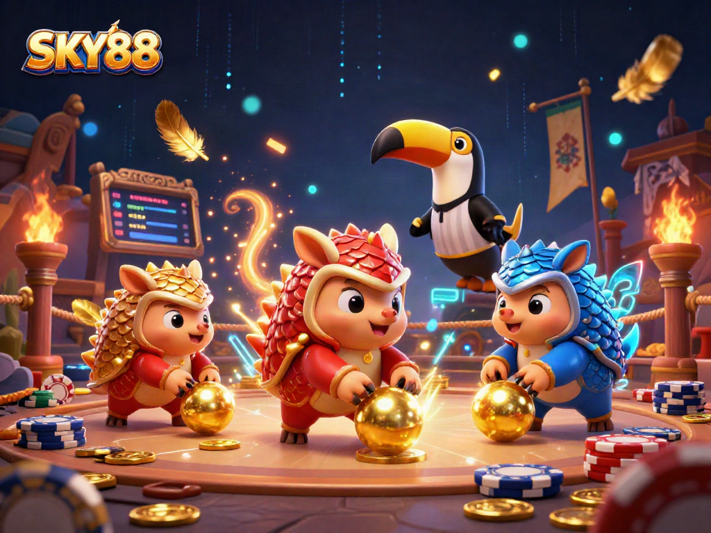 Engaging scene of SKY88 gambling action with rival pangolins and vibrant casino elements.
