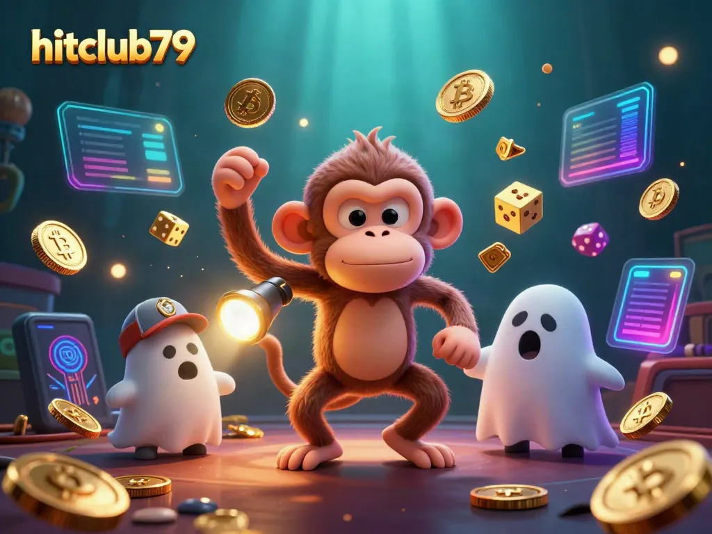 Engage in thrilling gameplay at hitclub79 with a playful monkey and a curious puppy in a haunted casino.