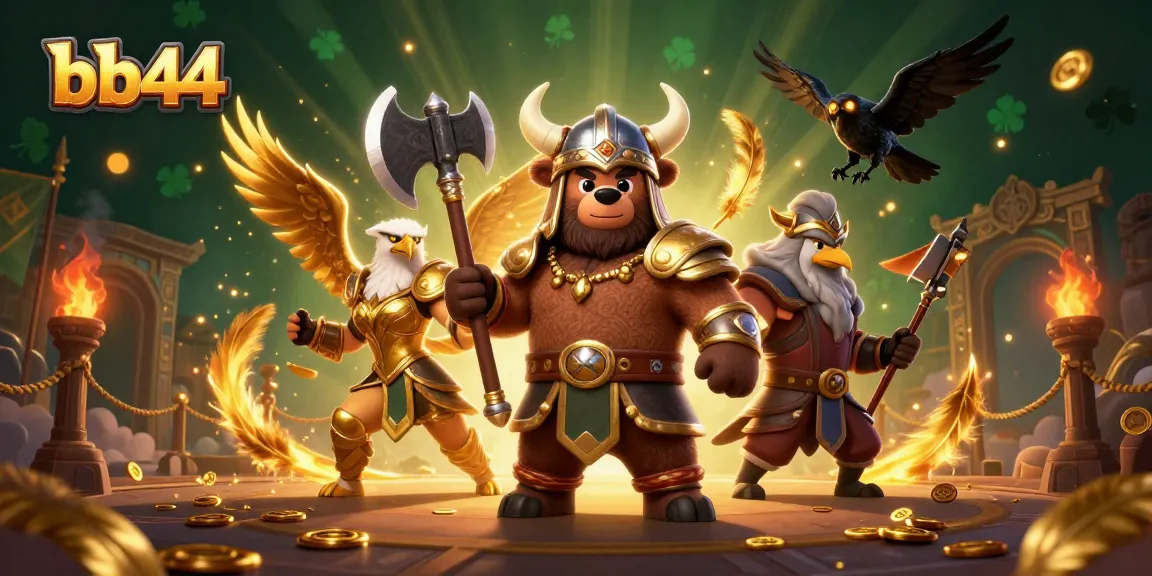 Experience thrilling gaming action with bb44's 3D illustrated Viking bear and golden Valkyrie eagle in an exciting casino setting.