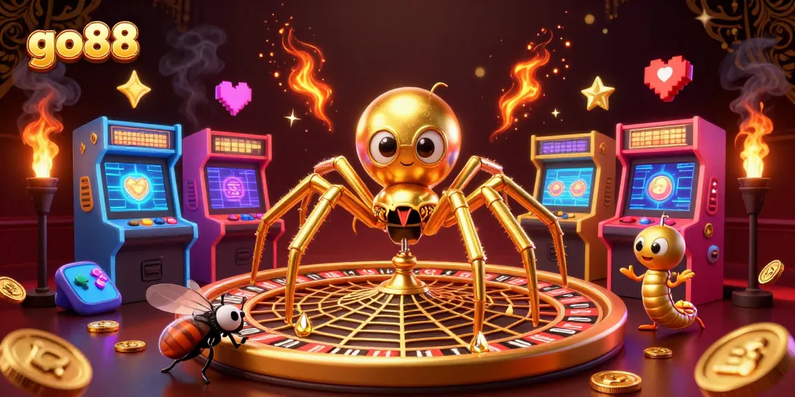 Place bets at go88 with a golden spider spinning a roulette web in this vibrant casino scene.