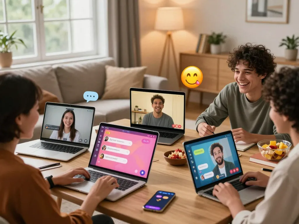 Engaging scene of sexchat with diverse users on various devices, showcasing lively online conversations.